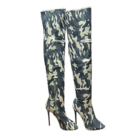 Shoedazzle Camo Thigh-High Stiletto Boots Size 8 With Peep Toe & Distressed Ripp - Picture 1 of 16